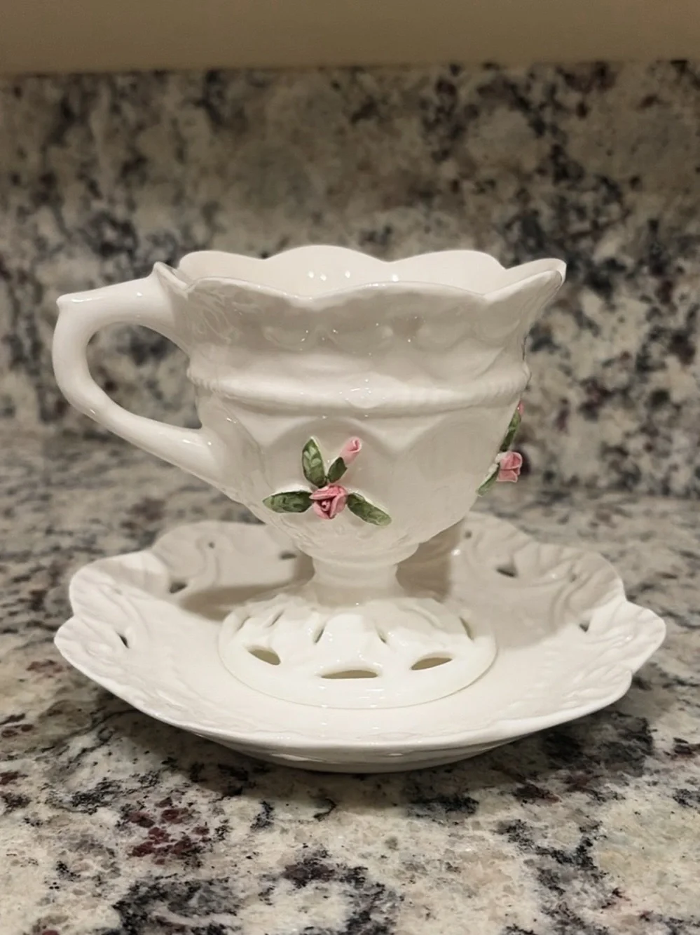 White Ceramic Pedestal Teacup and Saucer with Pink Rose Accents